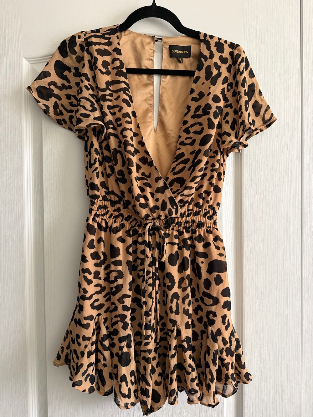Sugarlips Leopard Print Mini Romper Small - Drawstring Bow & Plunging Neckline